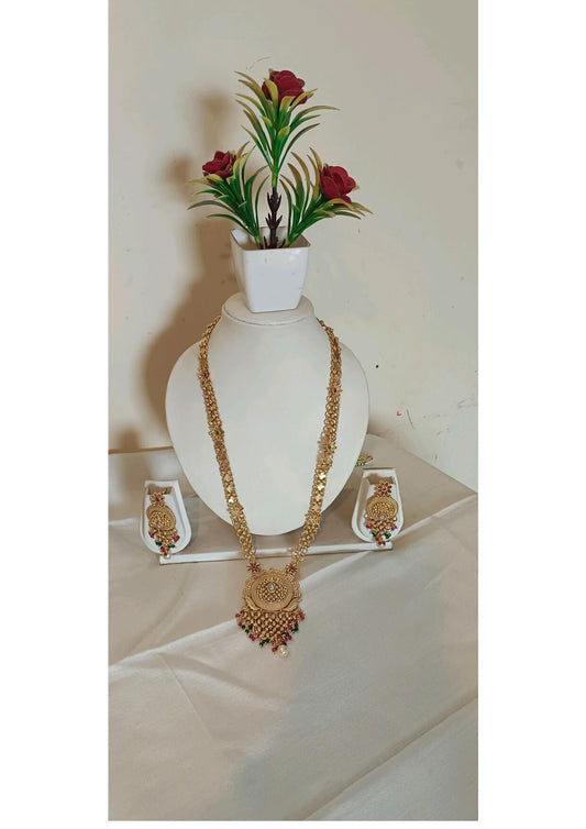 GOLDEN LONG ETHNIC MEENAKRI NECKLACE SET JEWELLERY