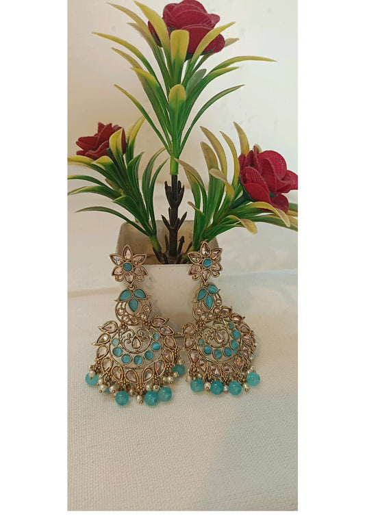 SKY BLUE  KUNDAN ETHNIC DANGLER EARRINGS