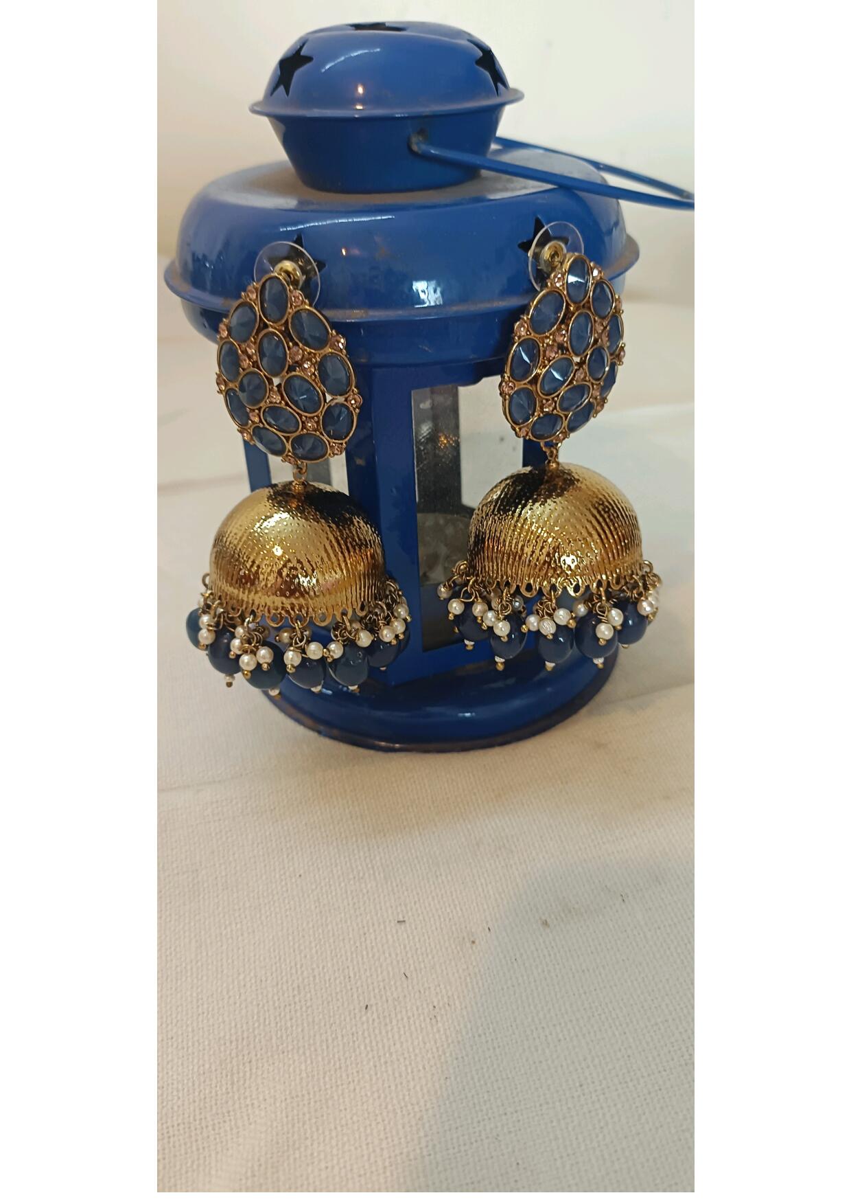 NAVY BLUE BEADS GOLDEN  ETHNIC JHUMKI EARRINGS