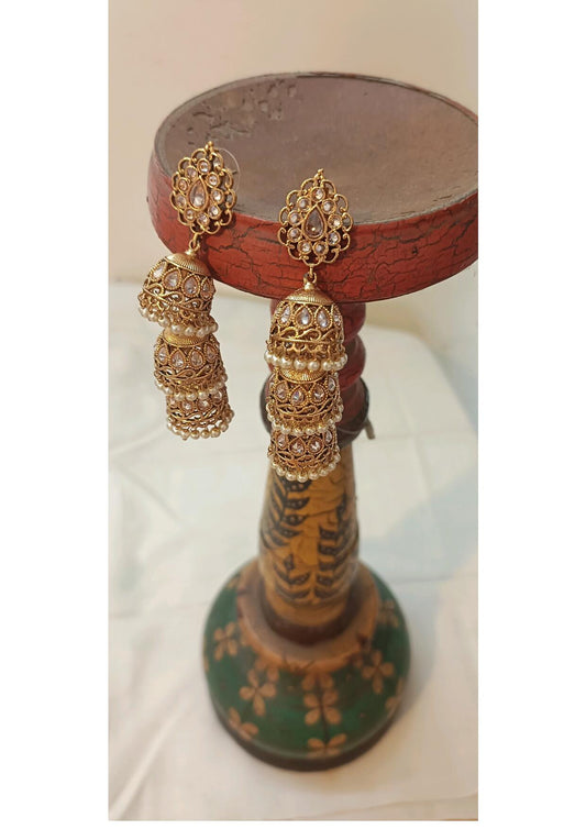 MULTI LAYER GOLDEN PEARL ETHNIC JHUMKI EARRINGS