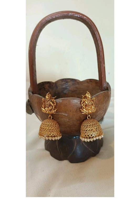 GOLDEN LAKSHMI PEARL ETHNIC JHUMKI EARRINGS