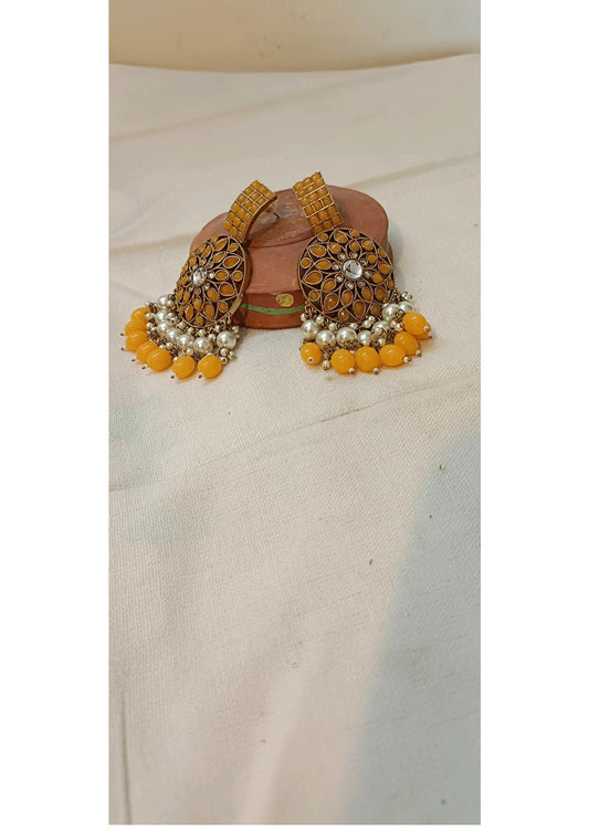 YELLOW PEARL BEADS ETHNIC CHANDBALI EARRINGS