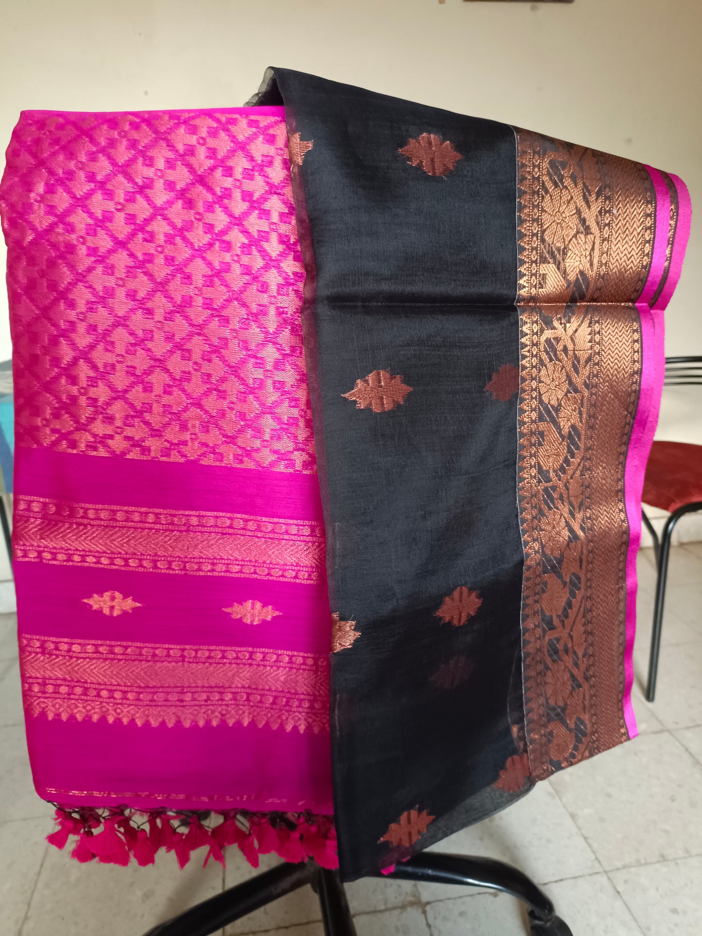 Bengal Cotton soft Black and Magenta katan saree