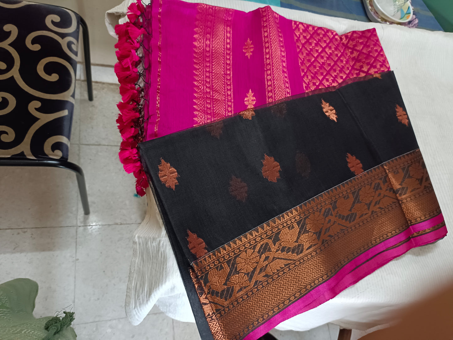 Bengal Cotton soft Black and Magenta katan saree