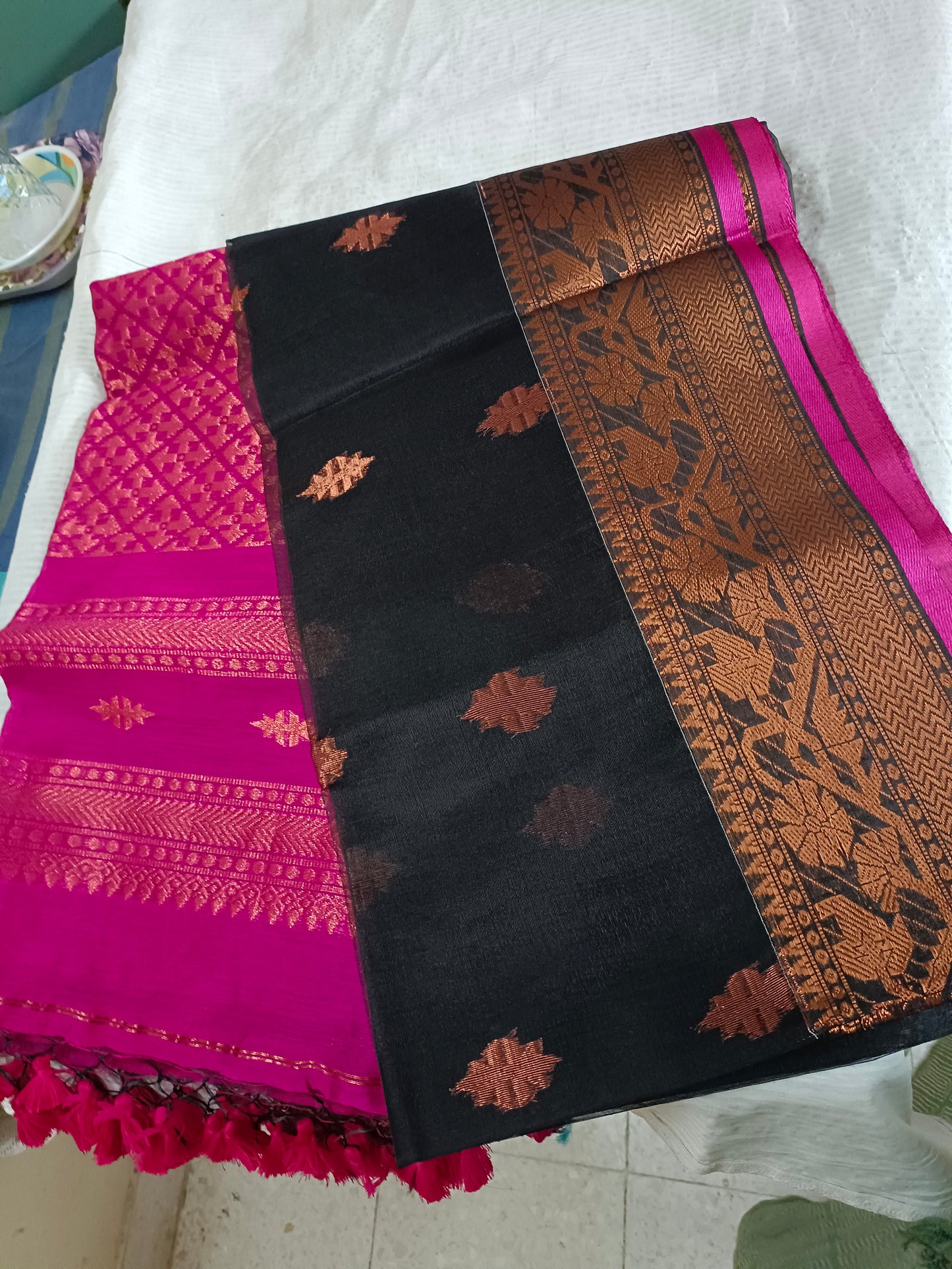 Bengal Cotton soft Black and Magenta katan saree