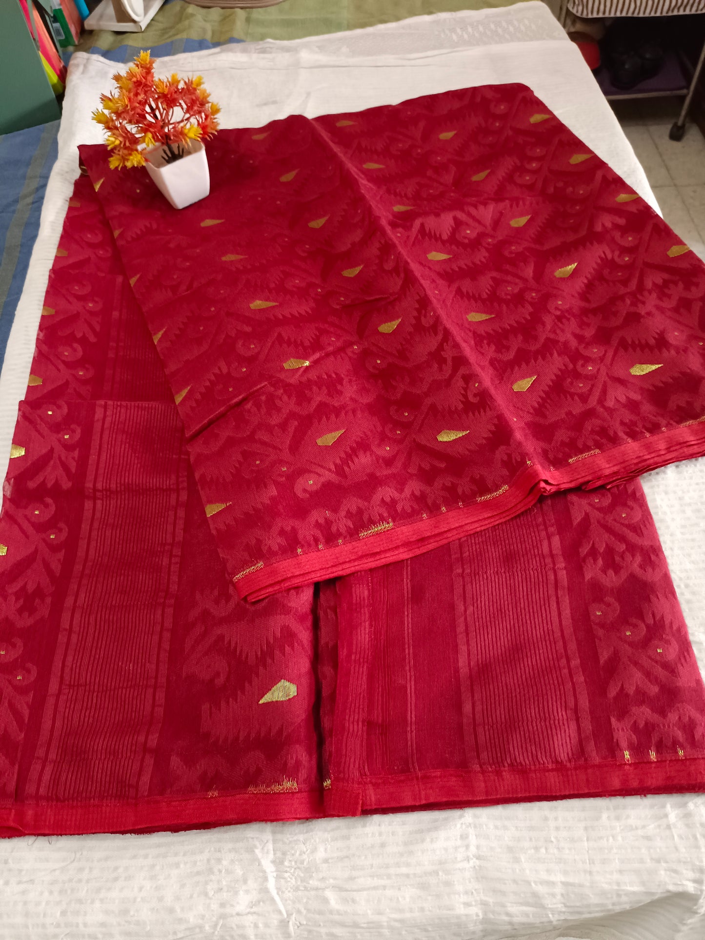 Maroon plain with zari work Dhakai Jamdani bengal cotton Saree