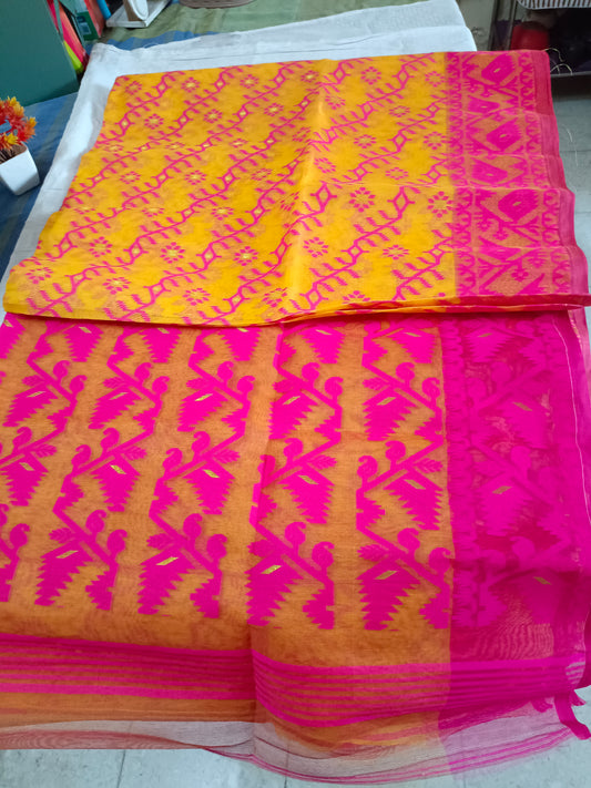 Pink and Yellow Dhakai jamdani Durga Pujo Special Saree