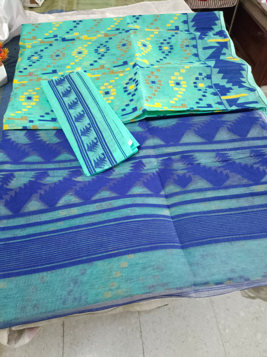 Rama Green and blue border dhakai jamdani saree