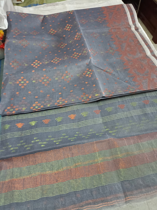 Grey with bronze work jamdani cotton saree