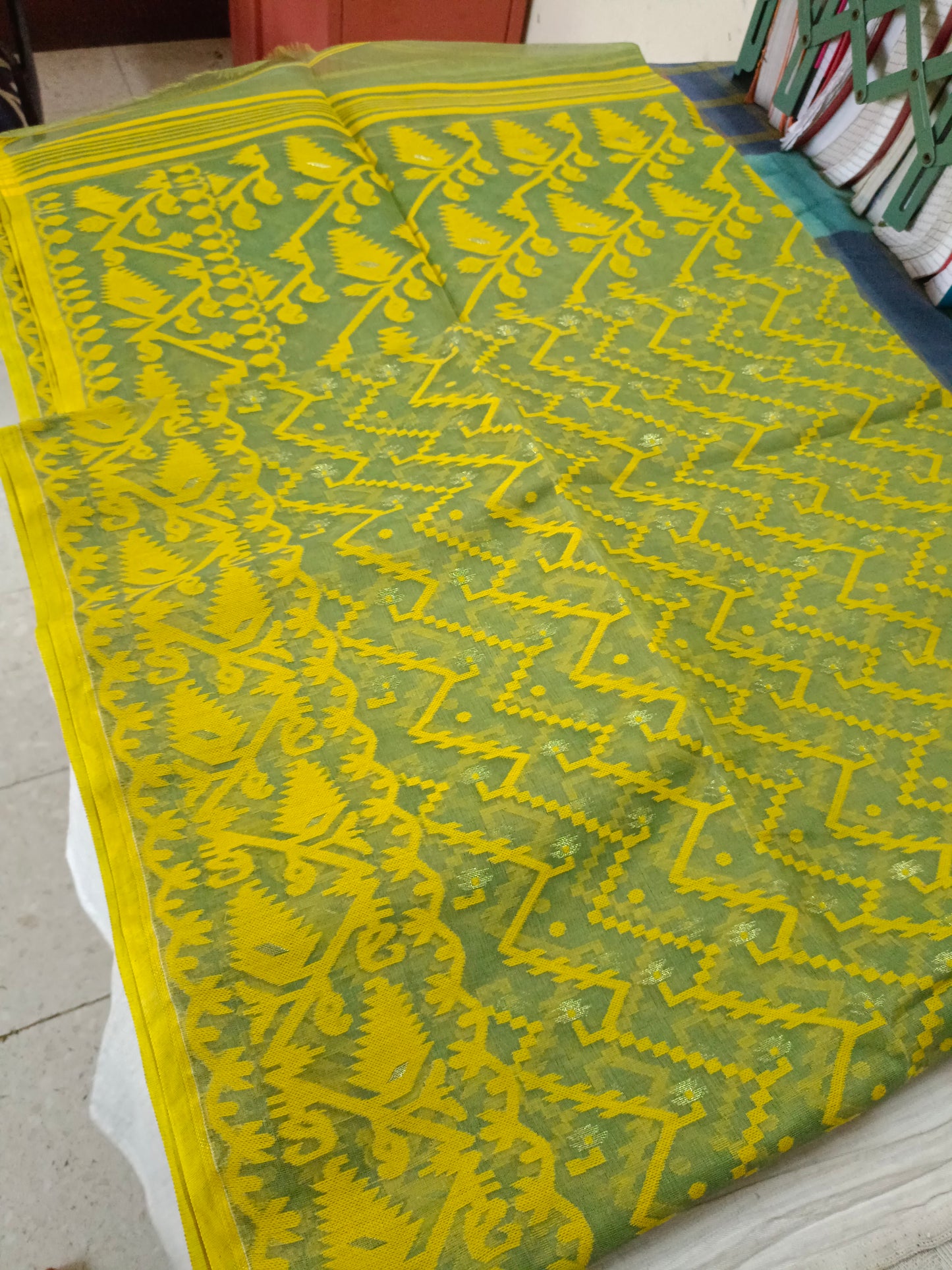 Light Green with yellow border dhakai jamdani saree