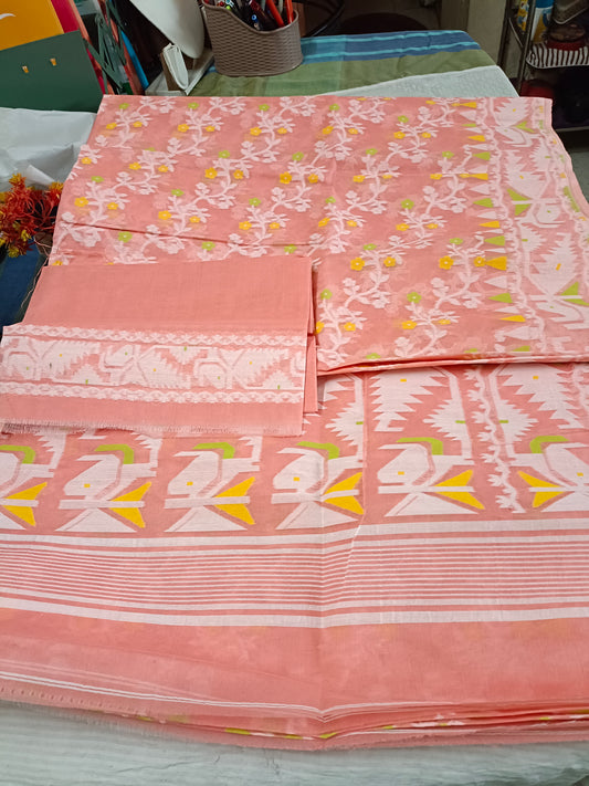 Peach and white self work dhakai jamdani bengal cotton saree